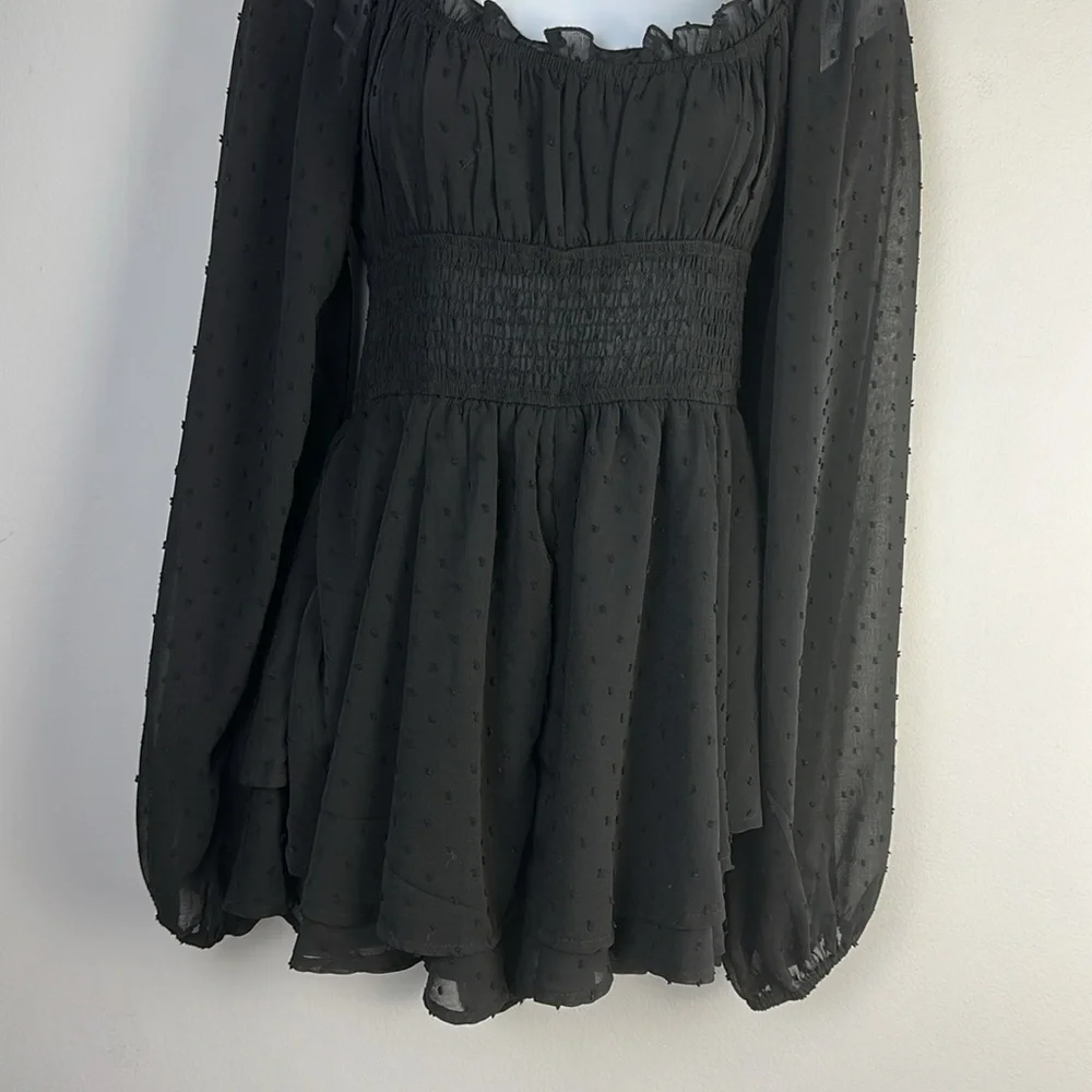 Urban Outfitters Rosie Clip Dot Smocked Long Sleeve Romper SM Black Fairygoth - Picture 7 of 16